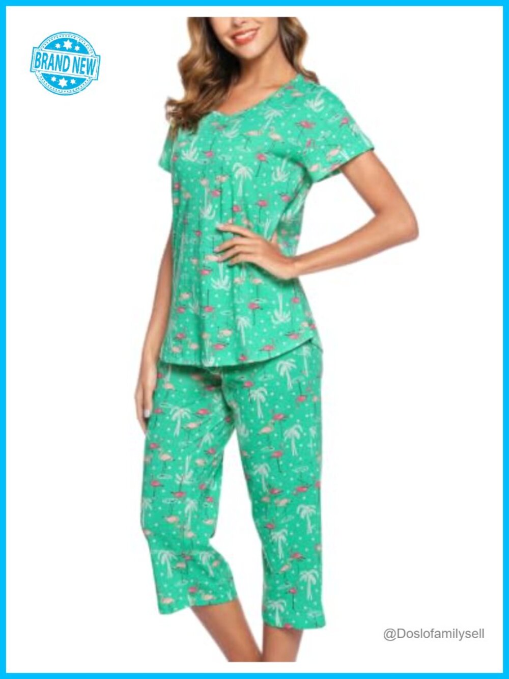 Womens Cotton Pajama Set Short Sleeve V-Neck Top Capri Pants Sleepwear